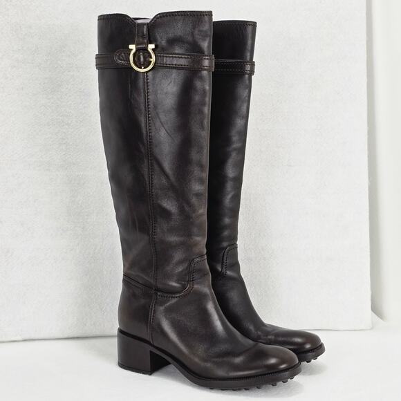 Salvatore Ferragamo Boots Womens 9.5 M Brown Leather Tall Riding Calf Pull Zip - Picture 16 of 16
